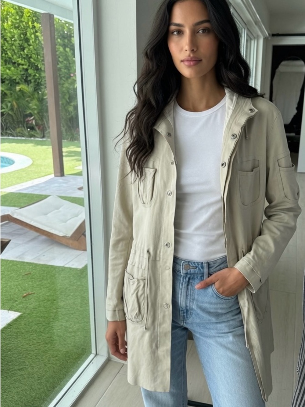 Denis Gagnon 100% Lambskin Hooded Beige Coat Jacket lined in cotton S Tall